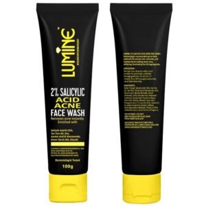 Lumine 2% Salicylic Acid Acne Face Wash 100g tube — dermatologist-tested gel-to-foam cleanser with CICA, tea tree oil, zinc, azelaic acid and niacinamide